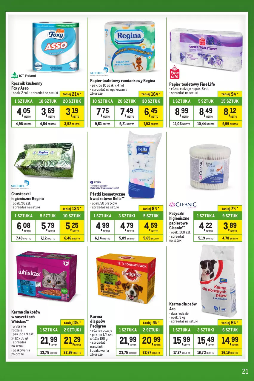 Gazetka promocyjna Makro - Kupujesz więcej płacisz mniej - ważna 27.12.2023 do 22.01.2024 - strona 21 - produkty: Bell, Bella, Chusteczki, Cleanic, Foxy, Gin, Papier, Papier toaletowy, Pedigree, Płatki kosmetyczne, Ręcznik, Ręcznik kuchenny, Rum, Whiskas