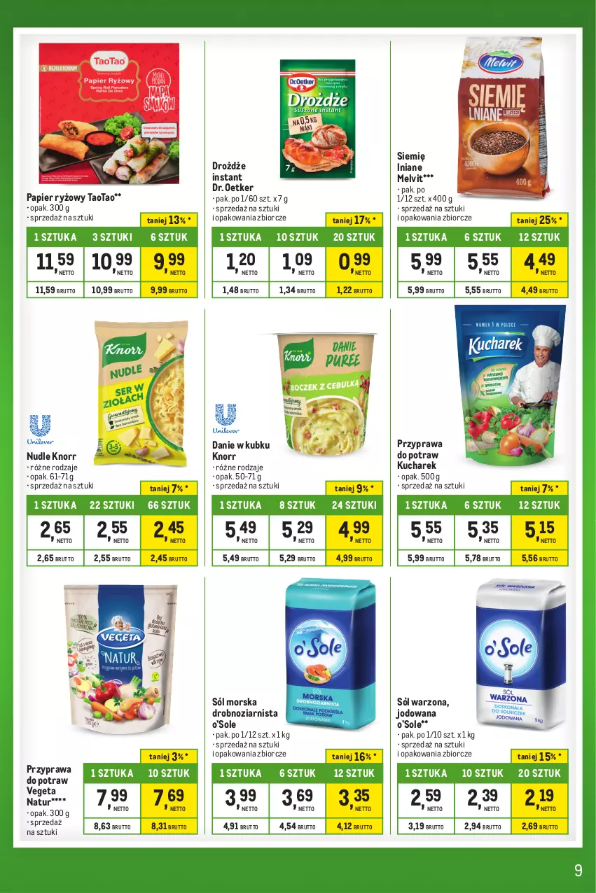 Gazetka promocyjna Makro - Kupujesz więcej płacisz mniej - ważna 27.12.2023 do 22.01.2024 - strona 9 - produkty: Dr. Oetker, Drożdże, Knorr, Kucharek, Melvit, Papier, Papier ryżowy, Przyprawa do potraw, Ryż, Sól, TaoTao, Vegeta, Vegeta Natur