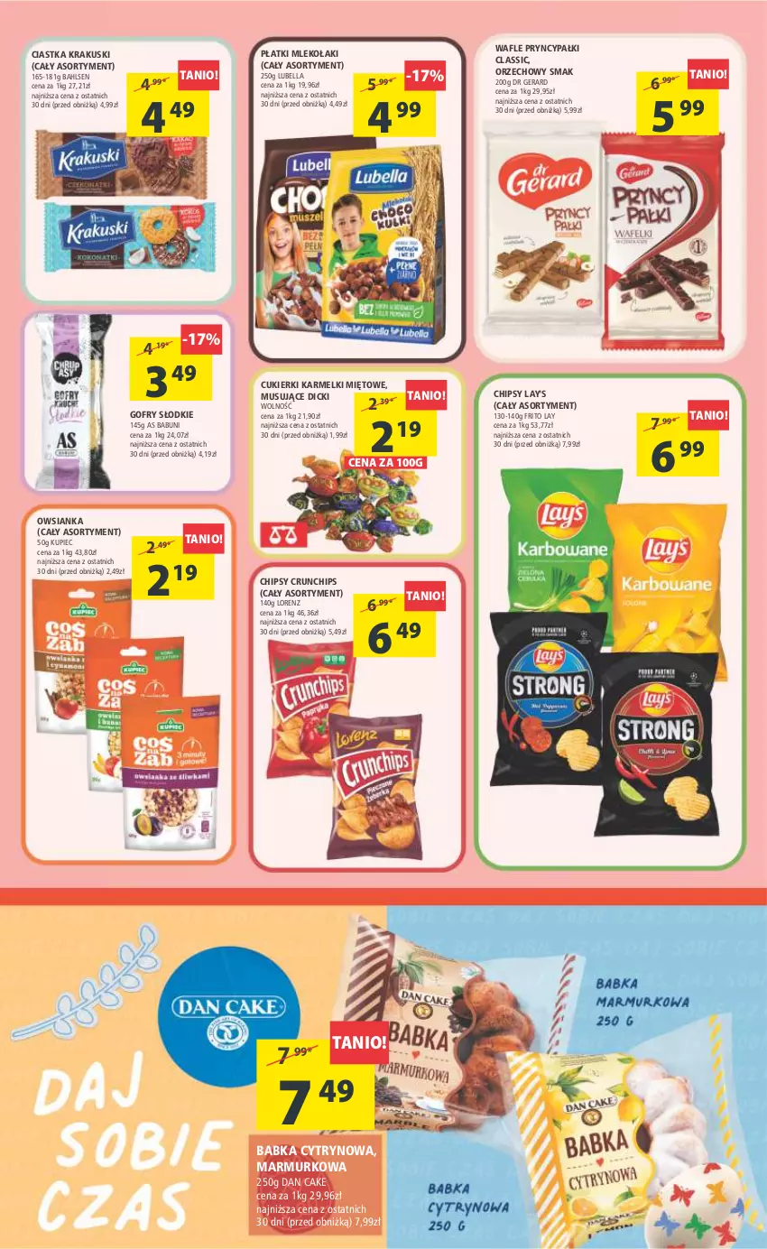 Gazetka promocyjna Arhelan - Gazetka - ważna 24.03 do 02.04.2023 - strona 15 - produkty: Babka, Babuni, Bell, Bella, Chipsy, Ciastka, Crunchips, Cukier, Cukierki, Dan Cake, Dr Gerard, Gofry, Krakus, Krakuski, Kupiec, Lorenz, Lubella, Mleko, Mus, Owsianka, Piec, Wafle