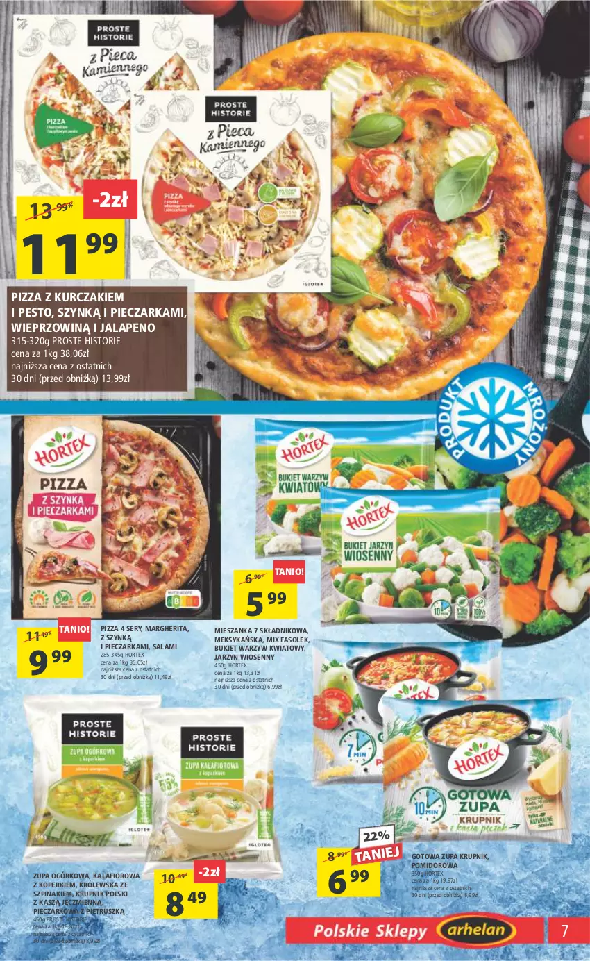 Gazetka promocyjna Arhelan - Gazetka - ważna 24.03 do 02.04.2023 - strona 7 - produkty: Bukiet, Bukiet warzyw, Fa, Hortex, Kalafior, Krupnik, Kurczak, Pesto, Piec, Pieczarka, Pizza, Salami, Ser, Szpinak, Zupa, Zupa ogórkowa