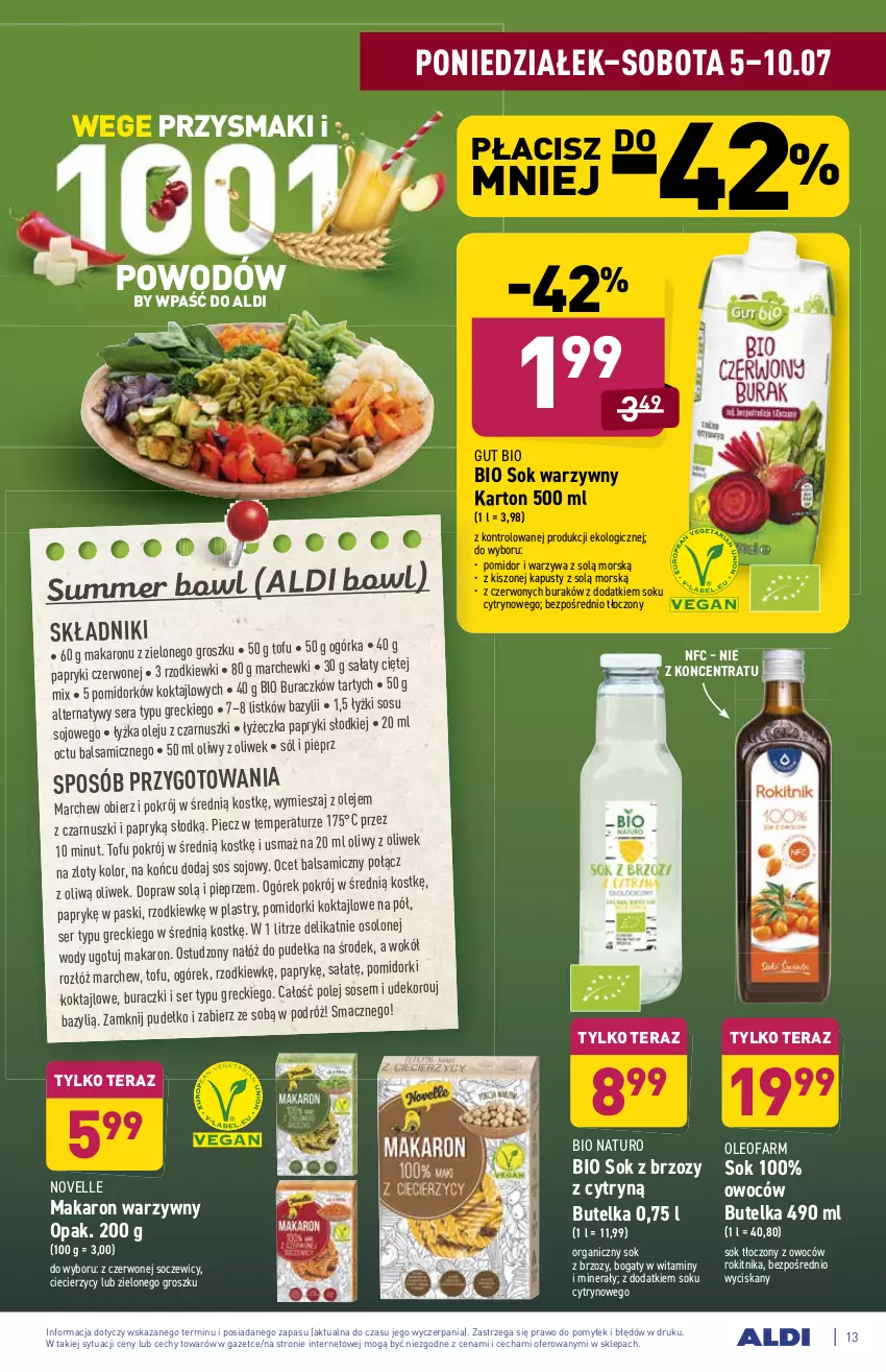 Gazetka promocyjna Aldi - WEGE PRZYSMAKI - ważna 05.07 do 10.07.2021 - strona 13 - produkty: Bazyl, Buraczki, Fa, Makaron, Ocet, Ogórek, Olej, Oleo, Oleofarm, Piec, Pieprz, Pomidorki, Przysmaki, Pudełko, Sałat, Ser, Sok, Sól, Sos, Sos sojowy, Tera, Tofu, Warzywa