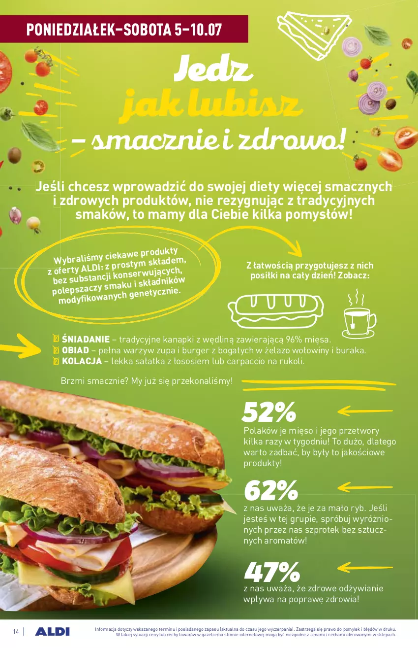 Gazetka promocyjna Aldi - WEGE PRZYSMAKI - ważna 05.07 do 10.07.2021 - strona 14 - produkty: Burger, Carpaccio, Mięso, Sałat, Sałatka, Ser, Sos, Szprot, Zupa