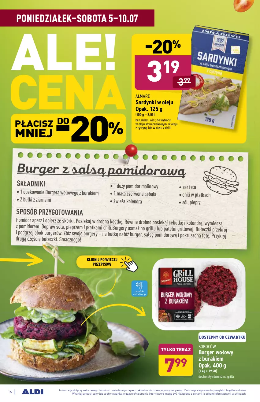 Gazetka promocyjna Aldi - WEGE PRZYSMAKI - ważna 05.07 do 10.07.2021 - strona 16 - produkty: Bułeczki, Buraki, Burger, Cebula, Feta, Grill, Kolendra, Olej, Pieprz, Pomidor malinowy, Sardynki, Ser, Sok, Sokołów, Sól, Tera