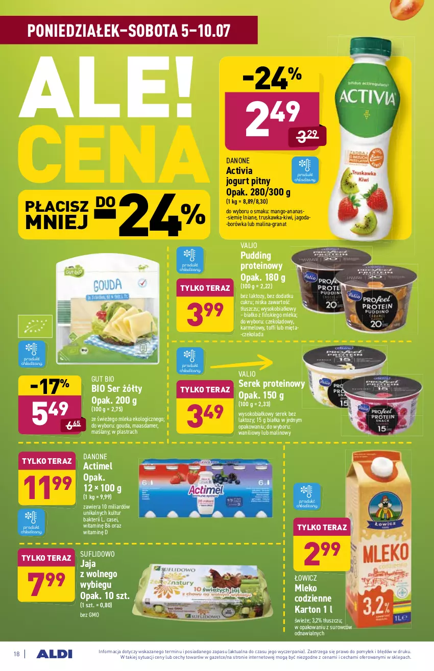 Gazetka promocyjna Aldi - WEGE PRZYSMAKI - ważna 05.07 do 10.07.2021 - strona 18 - produkty: Actimel, Activia, Ananas, Borówka, Czekolada, Danone, Gouda, Gra, Granat, Jaja, Jaja z wolnego wybiegu, Jogurt, Jogurt pitny, Kiwi, Maasdam, Mango, Mięta, Mleko, Pudding, Ser, Serek, Sok, Tera