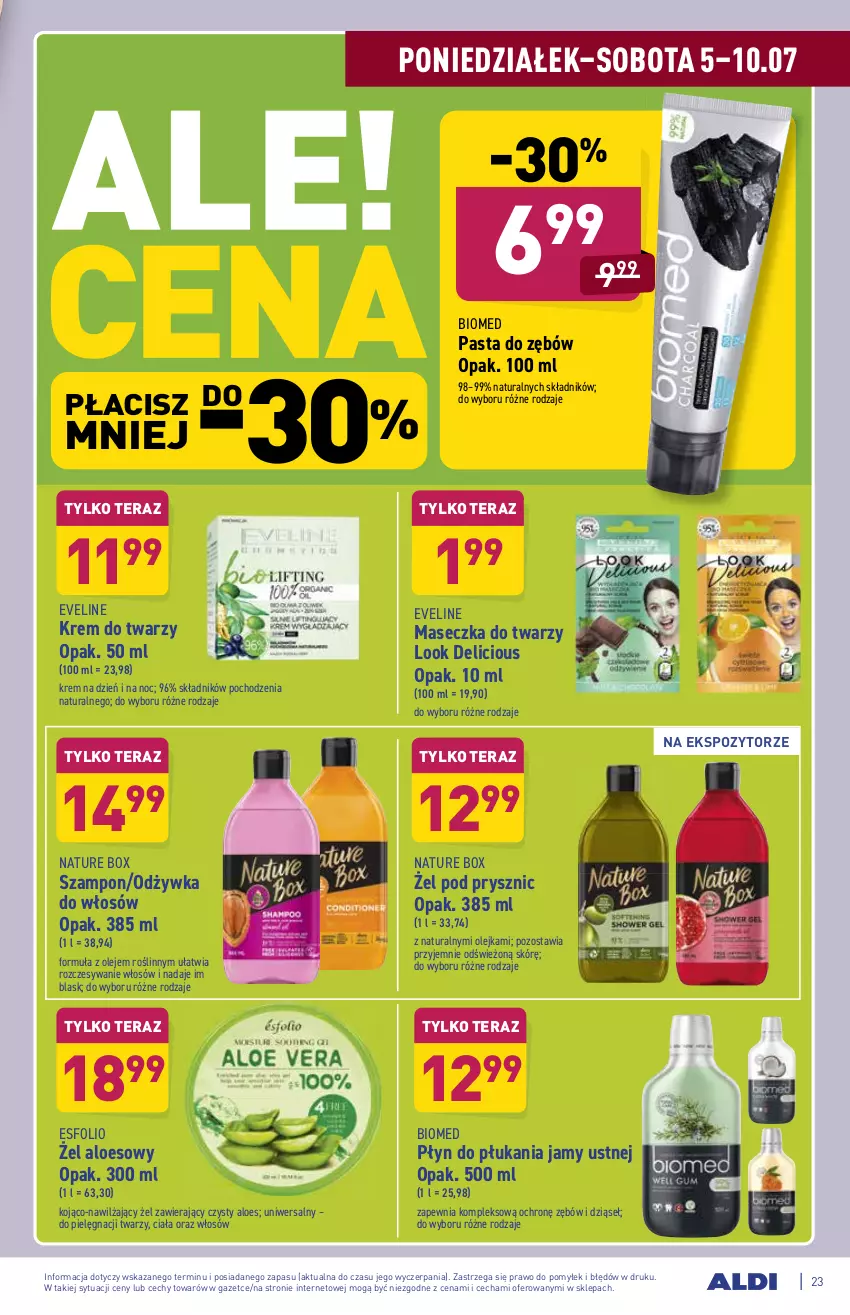 Gazetka promocyjna Aldi - WEGE PRZYSMAKI - ważna 05.07 do 10.07.2021 - strona 23 - produkty: Eveline, Krem do twarzy, Krem na dzień, Krem na dzień i na noc, Nature Box, Odżywka, Olej, Pasta do zębów, Płyn do płukania, Płyn do płukania jamy ustnej, Szampon, Tera