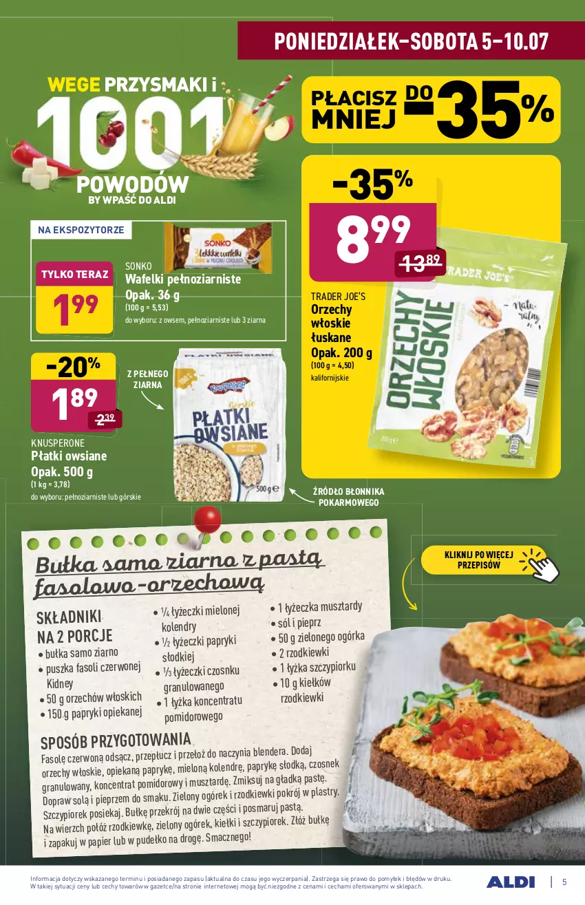 Gazetka promocyjna Aldi - WEGE PRZYSMAKI - ważna 05.07 do 10.07.2021 - strona 5 - produkty: Blender, Bułka, Czosnek, Fa, Gra, Kiełki, Koncentrat pomidorowy, Mus, Ogórek, Orzechy włoskie, Papier, Pieprz, Płatki owsiane, Por, Przysmaki, Pudełko, Sól, Sonko, Tera