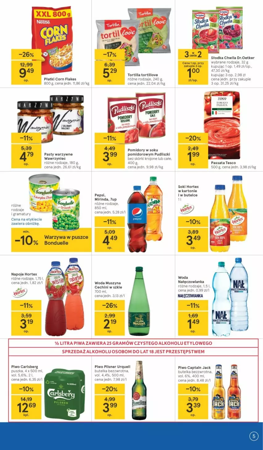 Gazetka promocyjna Tesco - Tesco gazetka - przyszły tydzień - ważna 23.09 do 29.09.2021 - strona 5 - produkty: 7up, Bonduelle, Carlsberg, Corn flakes, Hortex, Mirinda, Mus, Nałęczowianka, Pepsi, Piwo, Pomidory, Słodka Chwila, Sok, Szyna, Warzywa, Woda