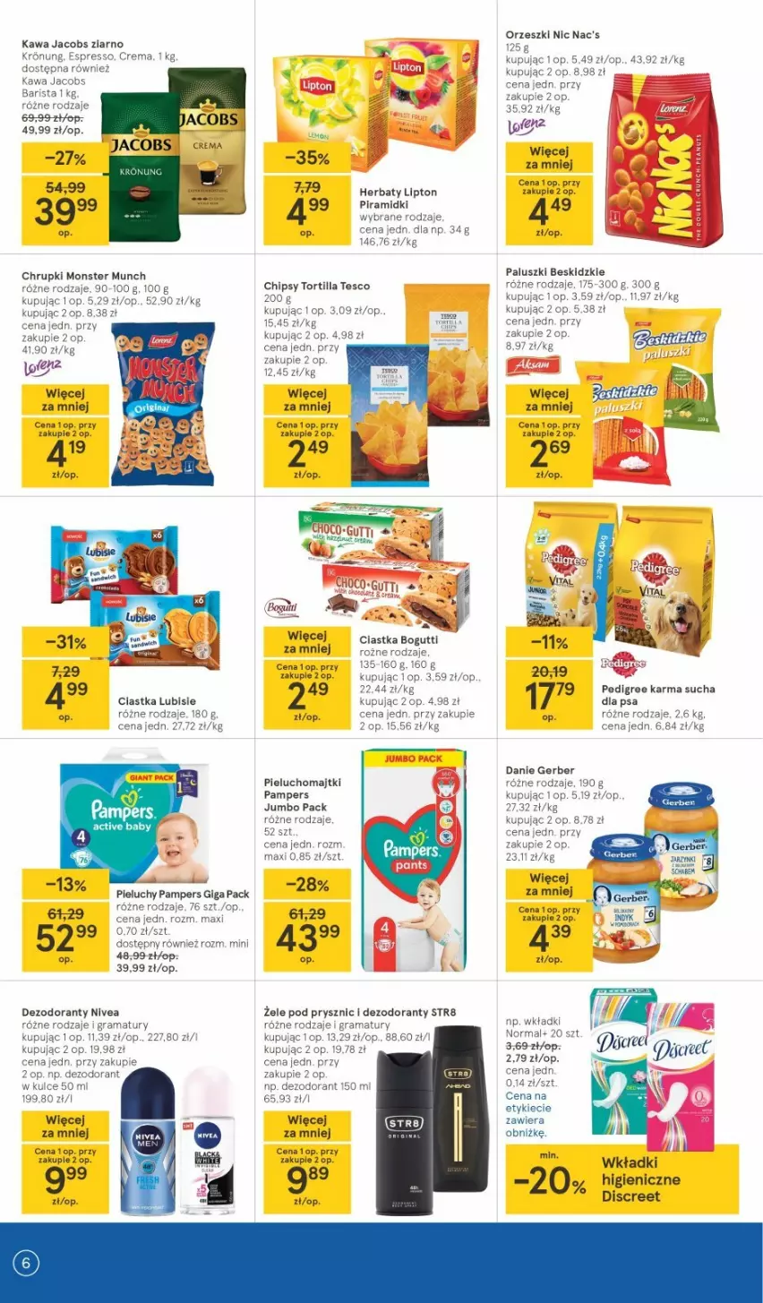 Gazetka promocyjna Tesco - Tesco gazetka - przyszły tydzień - ważna 23.09 do 29.09.2021 - strona 6 - produkty: Chipsy, Chrupki, Ciastka, Dezodorant, Discreet, Gerber, Gra, Jacobs, Kawa, Lipton, Majtki, Nivea, Orzeszki, Pedigree, Pieluchomajtki, Rama, Str8, Tortilla, Wkładki