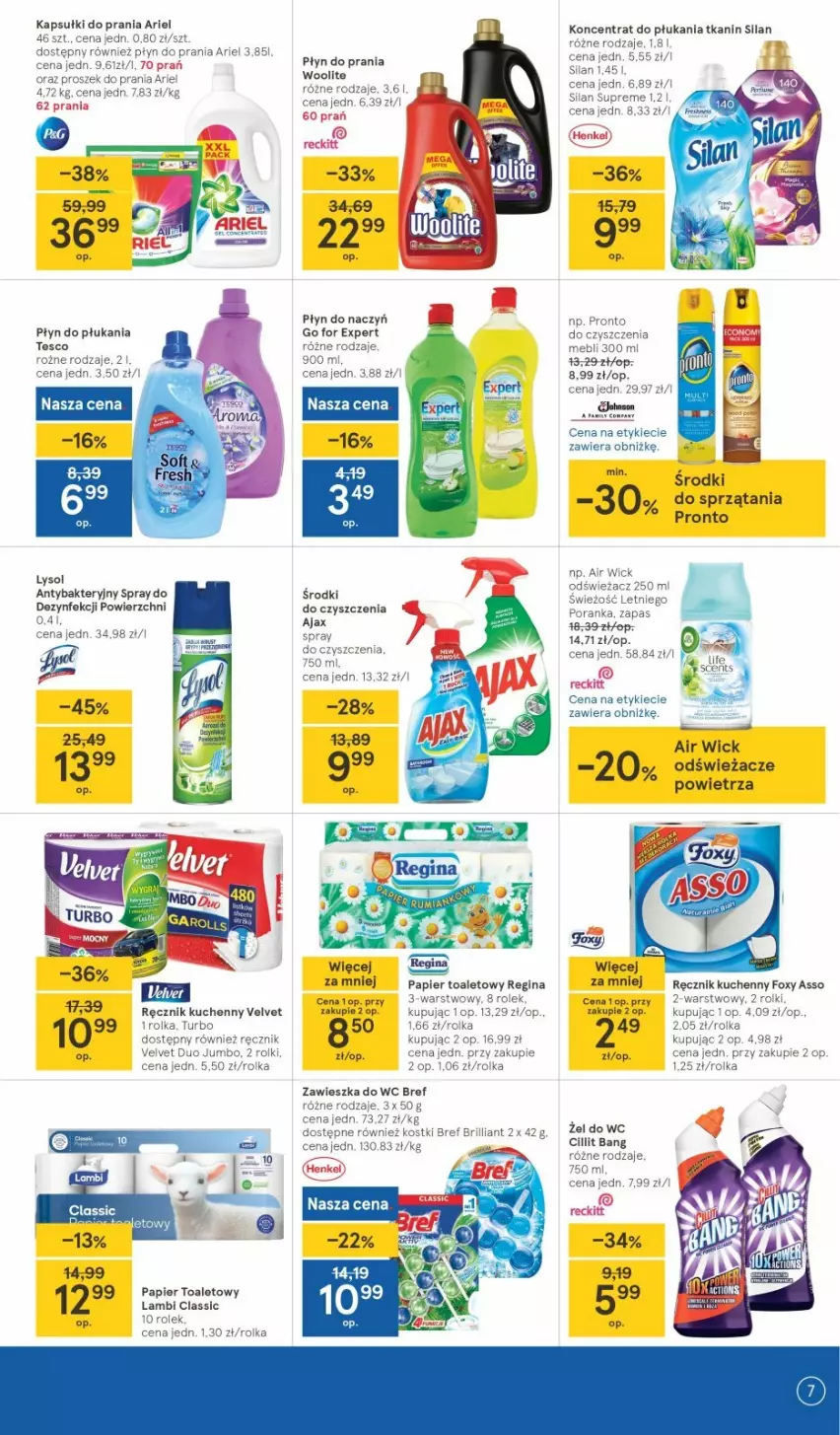 Gazetka promocyjna Tesco - Tesco gazetka - przyszły tydzień - ważna 23.09 do 29.09.2021 - strona 7 - produkty: Air Wick, Ajax, Antybakteryjny spray, Ariel, Bref, Cillit Bang, Gin, Go for Expert, Kapsułki do prania, Por, Pronto, Ręcznik, Ręcznik kuchenny, Rolki, Silan, Spray do czyszczenia, Veet, Velvet, Waga