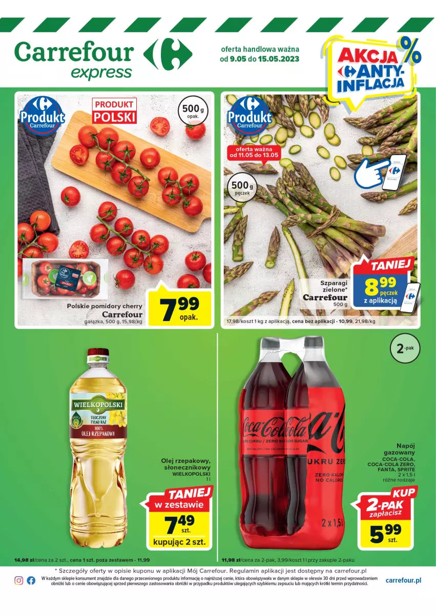 Gazetka promocyjna Carrefour - Gazetka Express - ważna 09.05 do 15.05.2023 - strona 1 - produkty: Coca-Cola, Fa, Fanta, Kosz, Napój, Napój gazowany, Olej, Olej rzepakowy, Pomidory, Por, Sprite