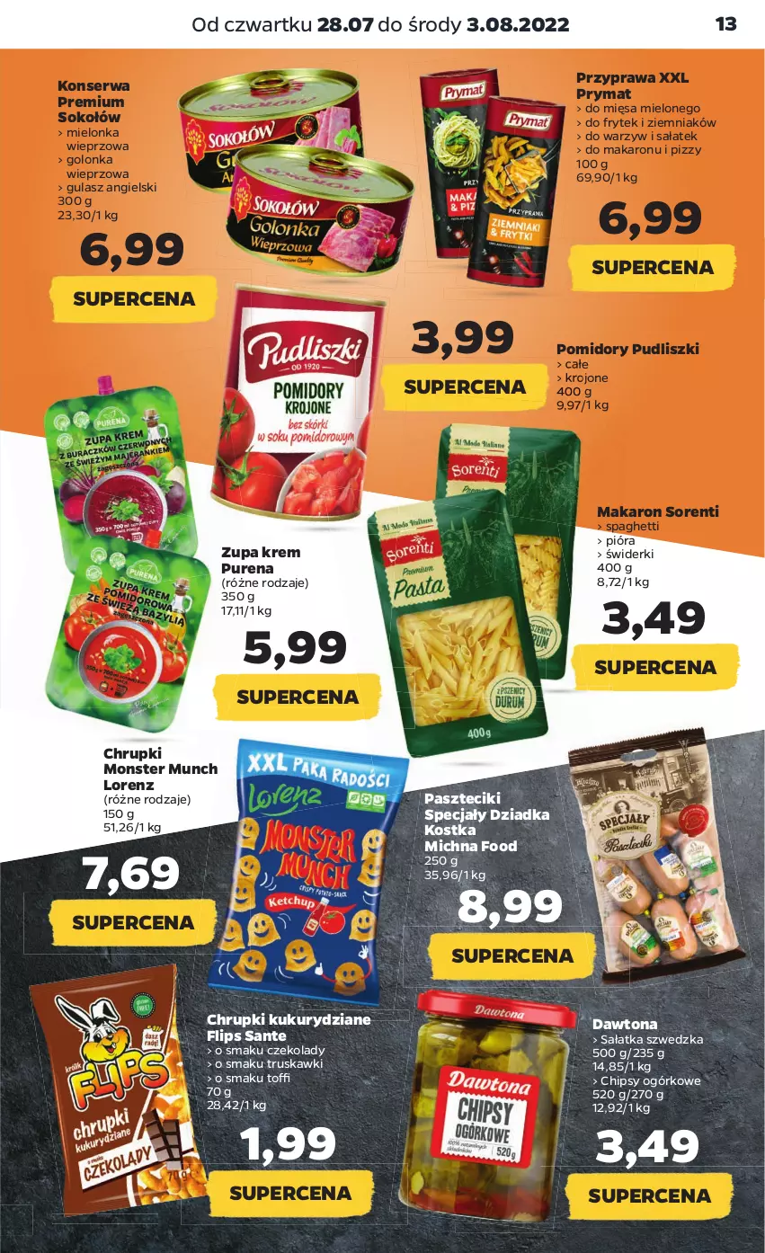 Gazetka promocyjna Netto - Artykuły spożywcze - ważna 28.07 do 03.08.2022 - strona 13 - produkty: Chipsy, Chrupki, Dawtona, Golonka wieprzowa, Lorenz, Makaron, Monster Munch, Pomidory, Prymat, Pudliszki, Pur, Sałat, Sałatka, Sante, Ser, Sok, Sokołów, Spaghetti, Truskawki, Zupa