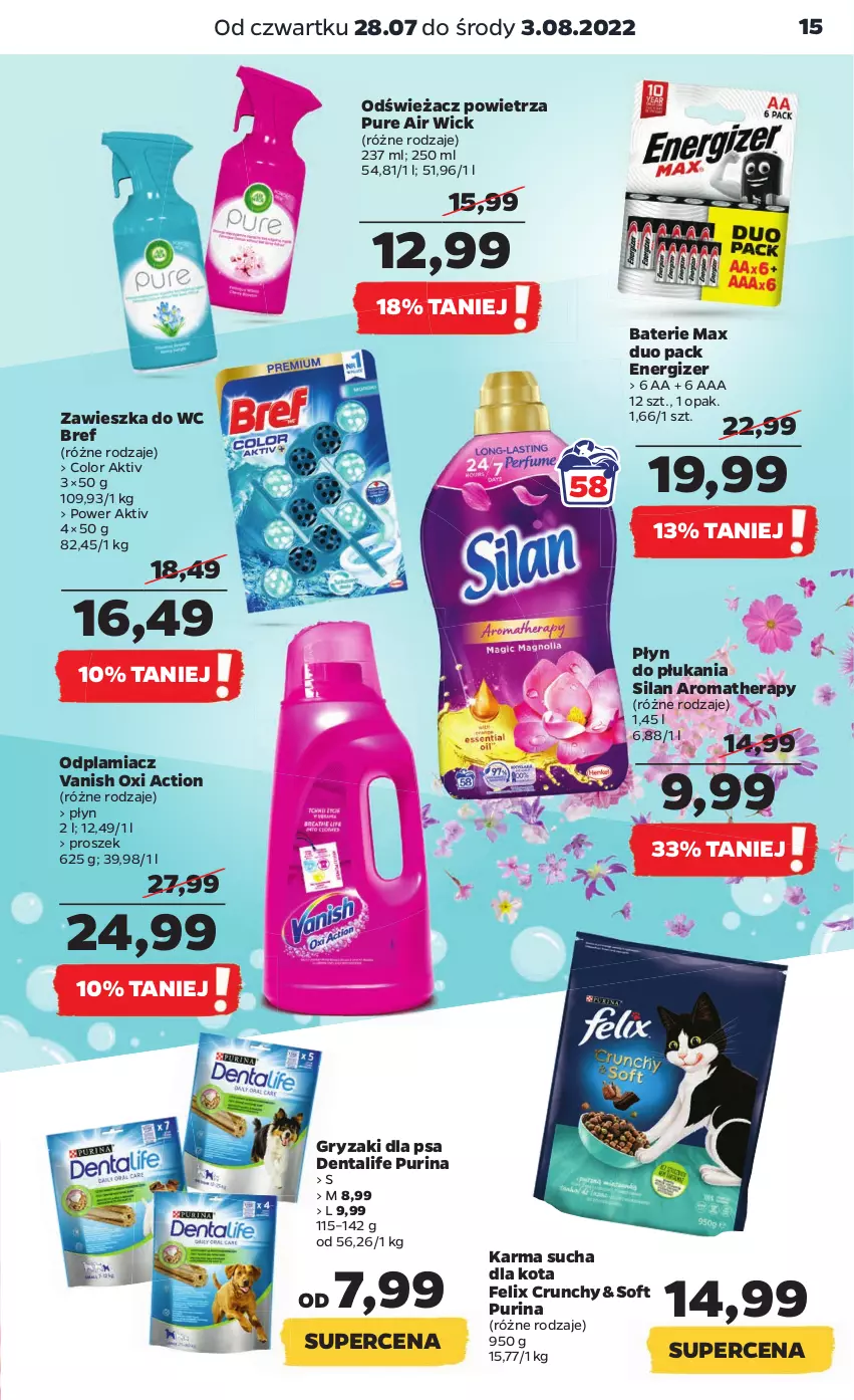 Gazetka promocyjna Netto - Artykuły spożywcze - ważna 28.07 do 03.08.2022 - strona 15 - produkty: Air Wick, Bref, Energizer, Felix, Gry, Odplamiacz, Odświeżacz powietrza, Płyn do płukania, Pur, Purina, Silan, Vanish, Zawieszka do wc