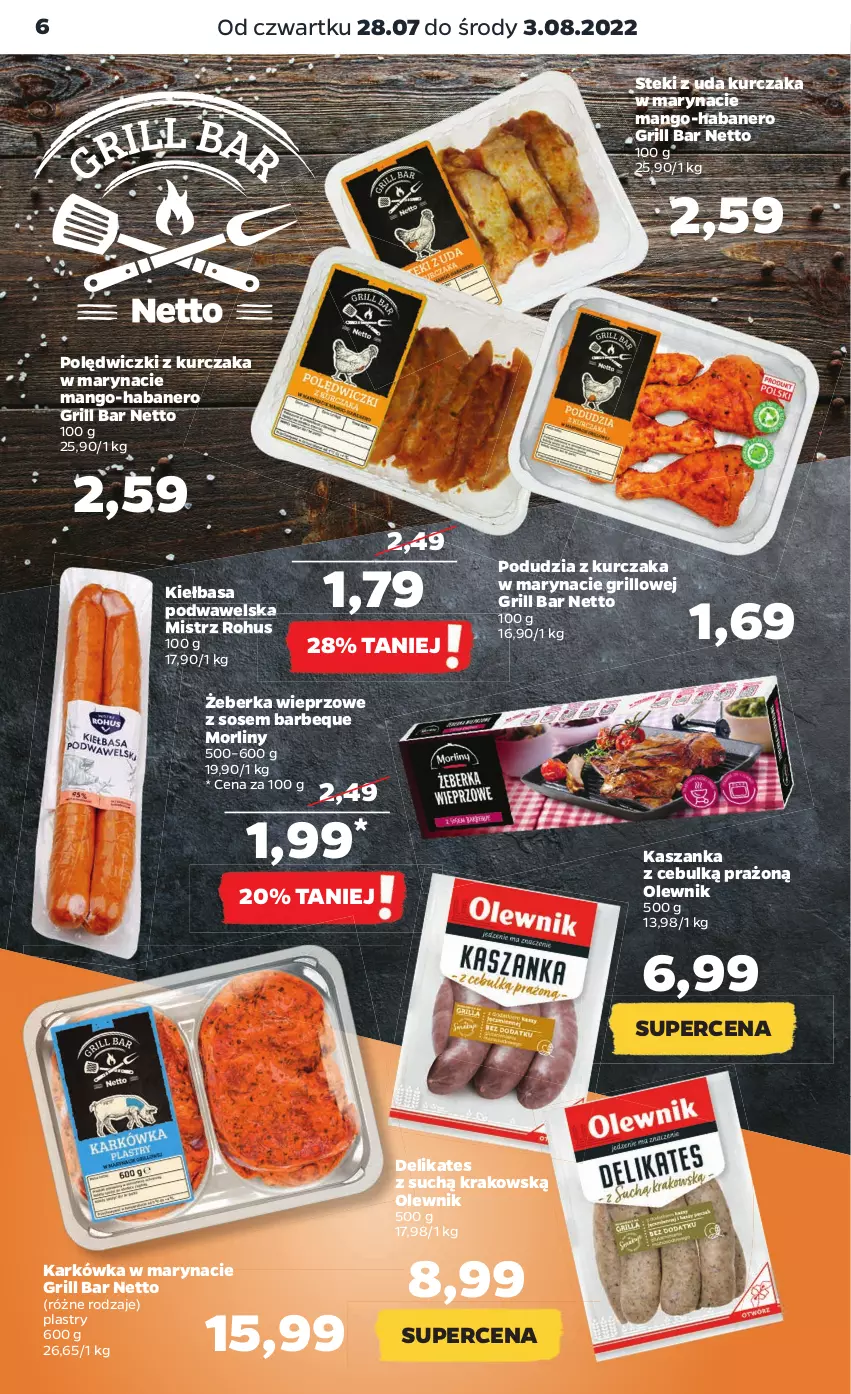 Gazetka promocyjna Netto - Artykuły spożywcze - ważna 28.07 do 03.08.2022 - strona 6 - produkty: Grill, Kasza, Kaszanka, Kiełbasa, Kiełbasa podwawelska, Kurczak, Mango, Morliny, Olewnik, Polędwiczki z kurczaka, Sos, Stek, Wawel