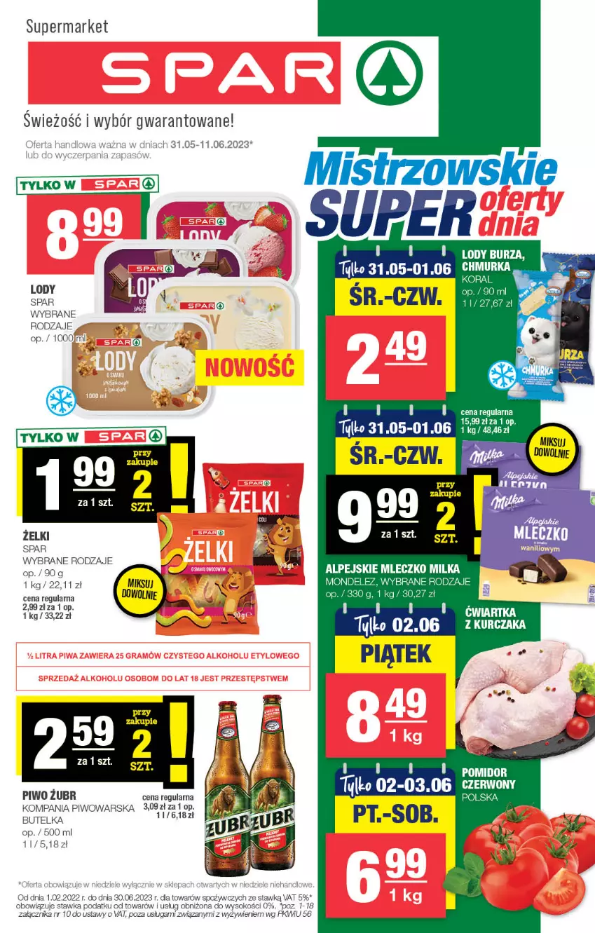 Gazetka promocyjna Spar - Spar - ważna 28.05 do 07.06.2023 - strona 1 - produkty: Lody, Milka, Mleczko, Piwo, Sok