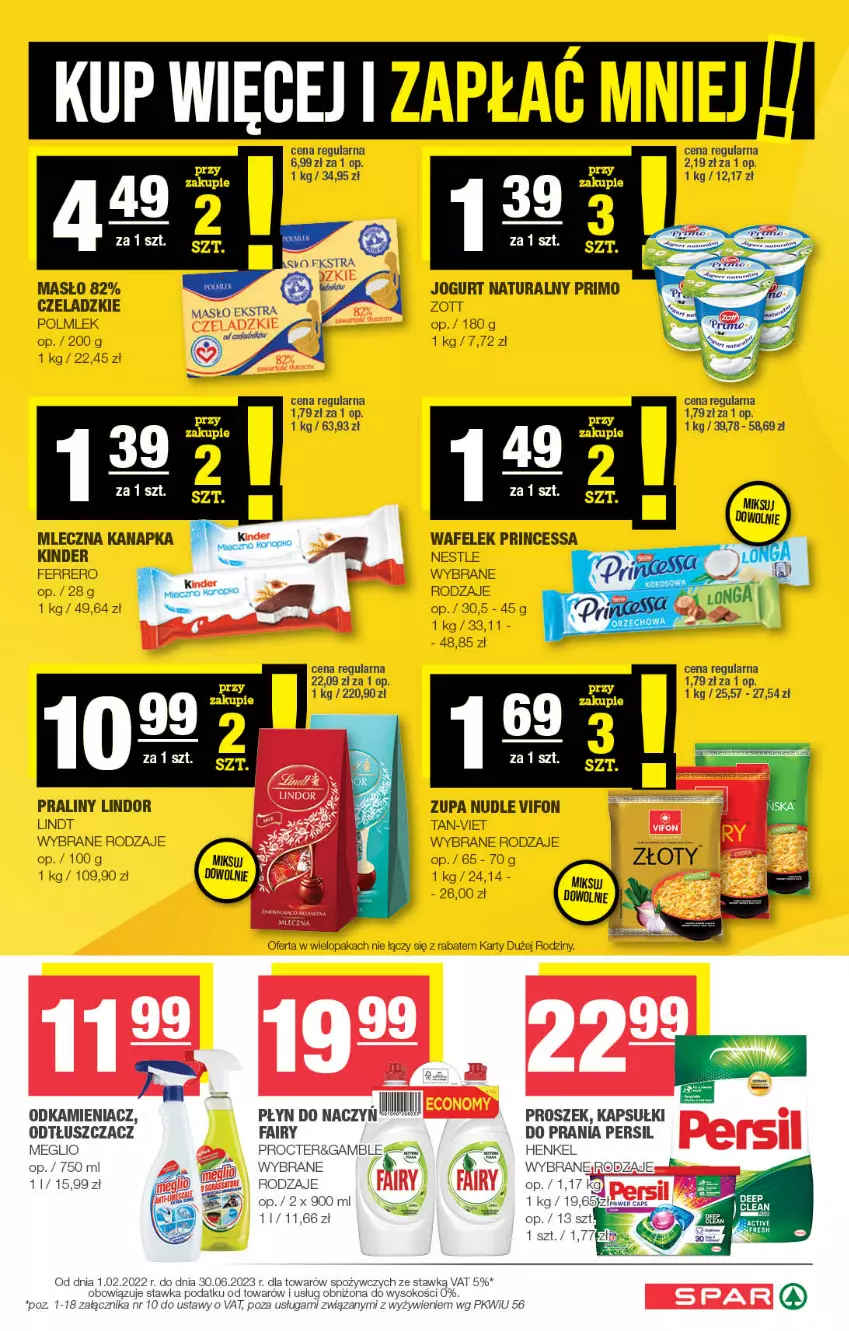 Gazetka promocyjna Spar - Spar - ważna 28.05 do 07.06.2023 - strona 7 - produkty: Fa, Fairy, Ferrero, Jogurt, Jogurt naturalny, Kapsułki do prania, Kinder, Lindor, Lindt, Masło, Mleczna kanapka, Odkamieniacz, Odtłuszczacz, Persil, POLMLEK, Praliny, Tera, Zott, Zupa