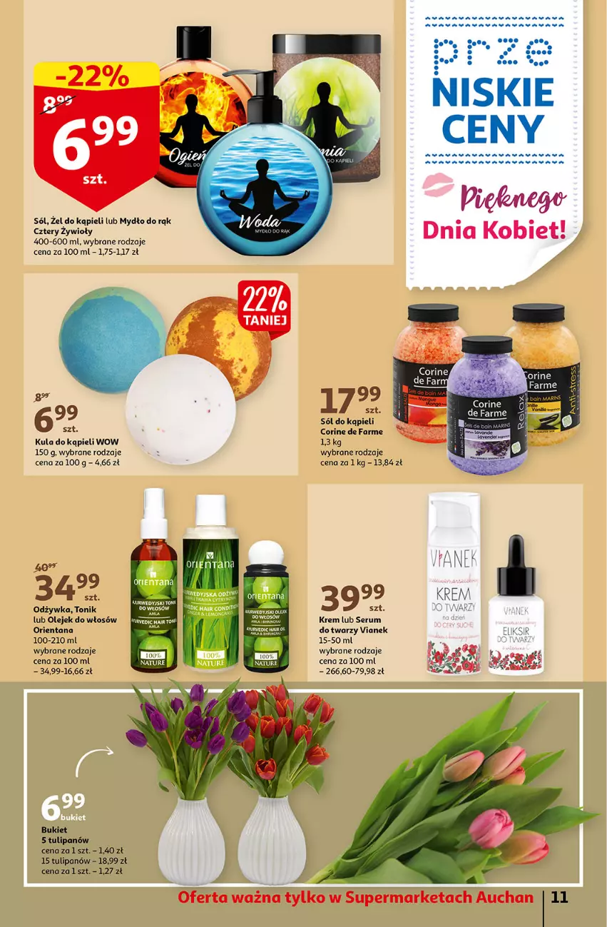 Gazetka promocyjna Auchan - przeNISKIE CENY prze smacznego Dnia Kobiet Supermarkety - ważna 03.03 do 09.03.2022 - strona 11 - produkty: Bukiet, Fa, Kula do kąpieli, Mydło, Odżywka, Olej, Rum, Ser, Serum, Serum do twarzy, Sól, Sól do kąpieli, Tonik, Tulipan