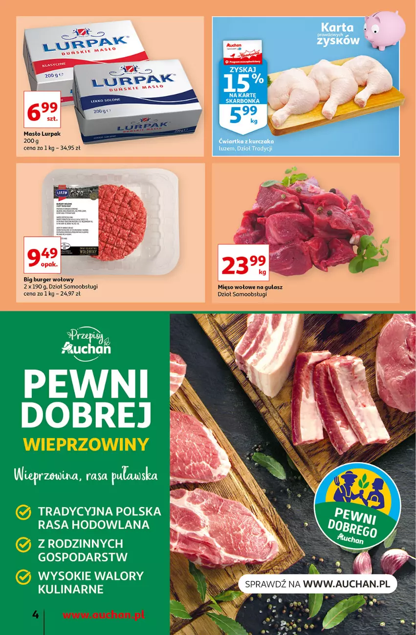 Gazetka promocyjna Auchan - przeNISKIE CENY prze smacznego Dnia Kobiet Supermarkety - ważna 03.03 do 09.03.2022 - strona 4 - produkty: Burger, Lurpak, Masło, Mięso, Mięso wołowe