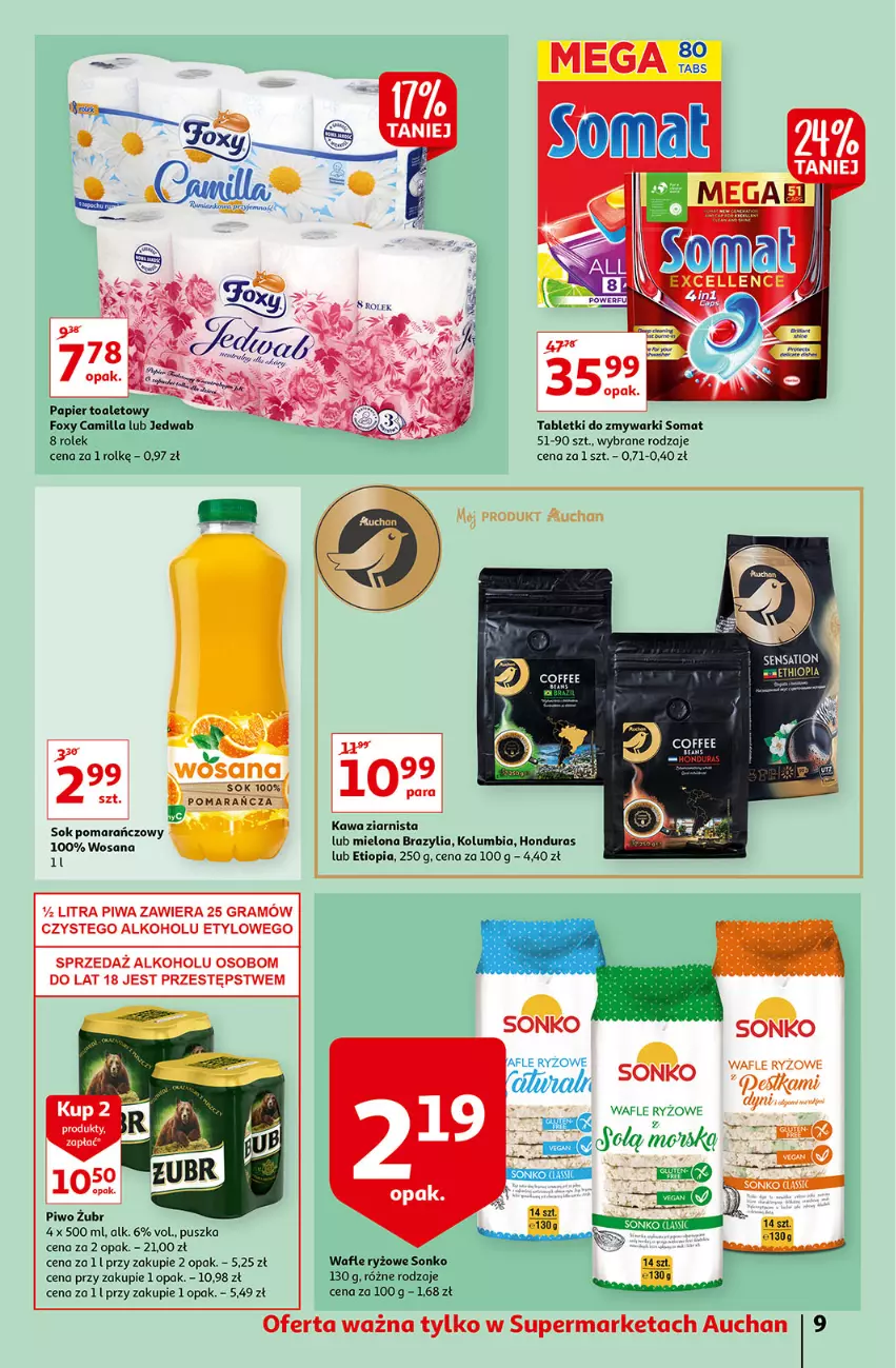 Gazetka promocyjna Auchan - przeNISKIE CENY prze smacznego Dnia Kobiet Supermarkety - ważna 03.03 do 09.03.2022 - strona 9 - produkty: Foxy, Gra, Kawa, Kawa ziarnista, Papier, Piwa, Piwo, Pomarańcze, Ryż, Sok, Sok pomarańczowy, Somat, Sonko, Tablet, Tabletki do zmywarki, Wafle, Woal, Wosana, Zmywarki