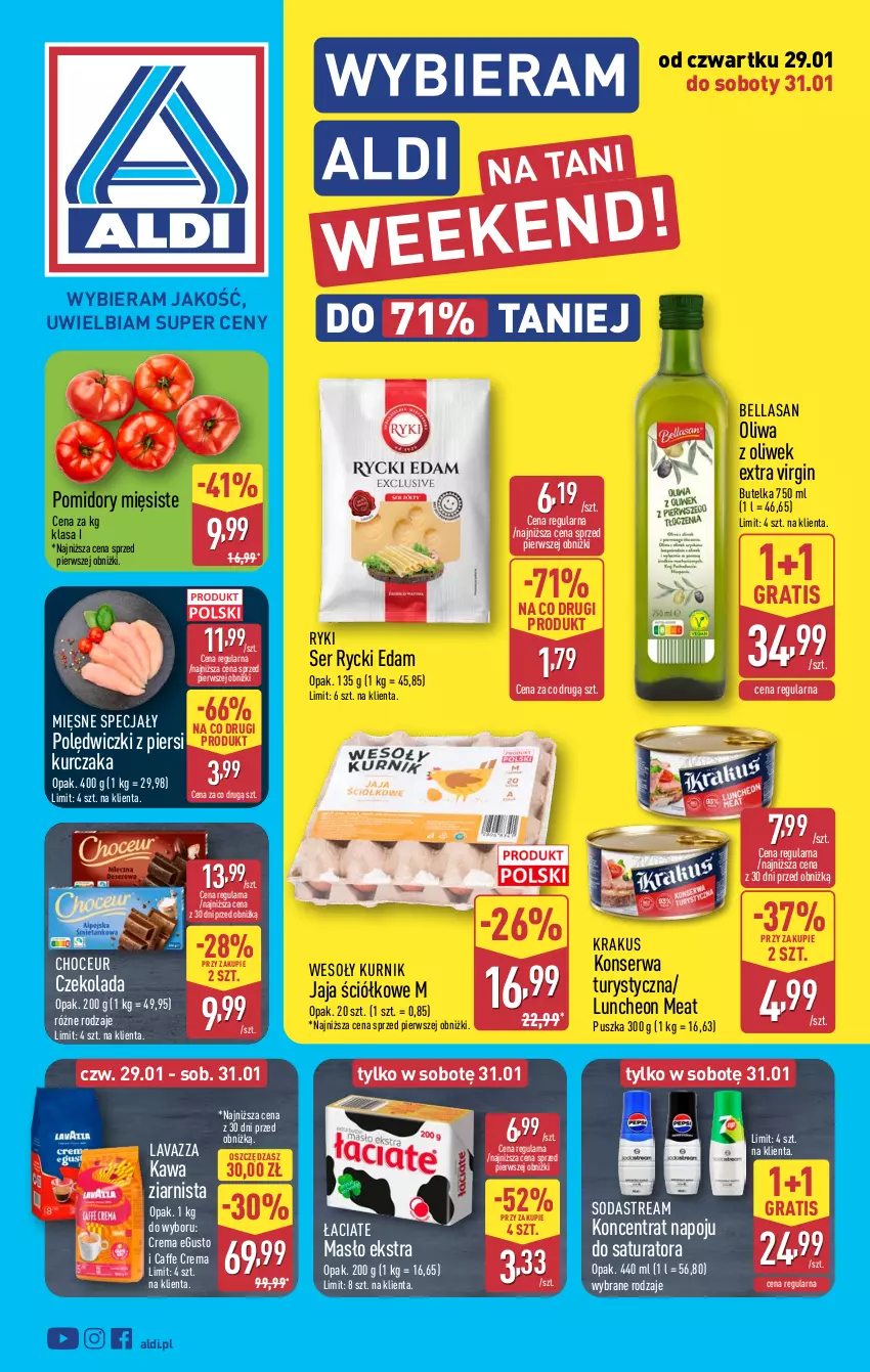 Gazetka promocyjna Aldi - Oferta weekendowa - ważna 29.01 do 31.01.2026 - strona 1 - produkty: Bell, Bella, Czekolada, Edam, Gin, Gra, Jaja, Kawa, Kawa ziarnista, Konserwa turystyczna, Krakus, Kurczak, Lavazza, Masło, Mięsne specjały, Oliwa z oliwek, Pomidory, Rycki Edam, Ser