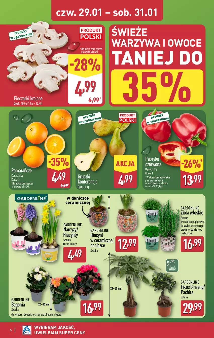 Gazetka promocyjna Aldi - Oferta weekendowa - ważna 29.01 do 31.01.2026 - strona 6 - produkty: Gin, Gruszki, Hiacynt, Narcyz, Owoce, Papier, Papryka, Papryka czerwona, Piec, Pieczarki krojone, Pietruszka, Pomarańcze, Warzywa, Warzywa i owoce