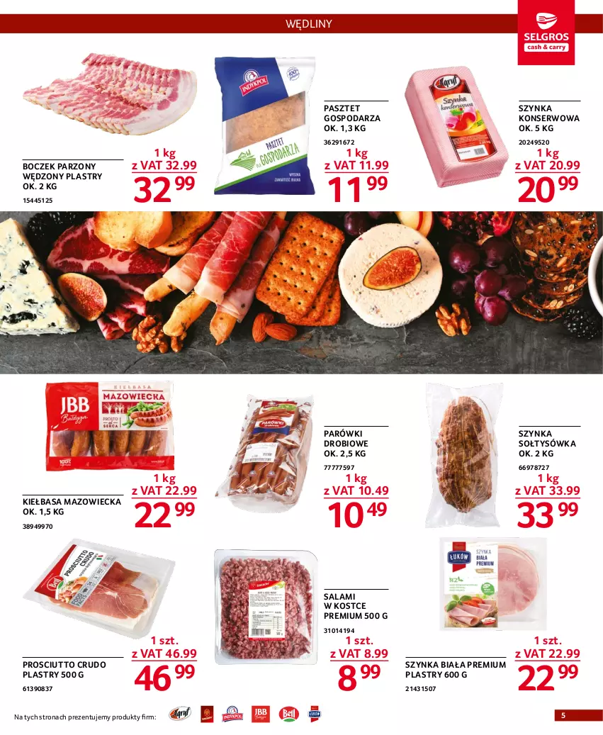 Gazetka promocyjna Selgros - Oferta gastronomiczna - ważna 01.12 do 14.12.2022 - strona 5 - produkty: Boczek, Kiełbasa, Parówki, Pasztet, Prosciutto, Salami, Ser, Szynka, Szynka biała, Szynka konserwowa