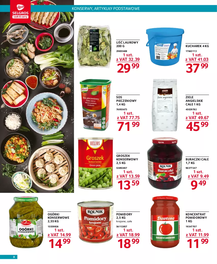 Gazetka promocyjna Selgros - Oferta gastronomiczna - ważna 01.12 do 14.12.2022 - strona 8 - produkty: Buraczki, Groszek, Koncentrat pomidorowy, Kucharek, Laur, Ogórki konserwowe, Piec, Pomidory, Ser, Sos, Sos pieczeniowy, Ziele angielskie