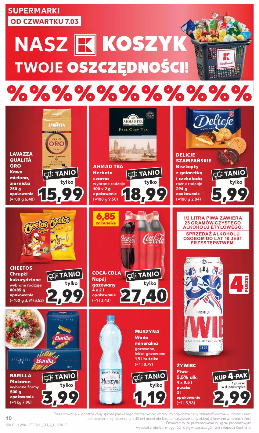 Gazetka promocyjna Kaufland - Gazetka tygodnia - ważna 07.03 do 13.03.2024 - strona 10 - produkty: Barilla, Biszkopty, Cheetos, Chrupki, Coca-Cola, Delicje, Gala, Gra, Herbata, Herbata czarna, Kawa, Kawa mielona, Kosz, Lavazza, Makaron, Mus, Napój, Napój gazowany, Piwa, Piwo, Rama, Sok, Szyna, Woda, Woda mineralna