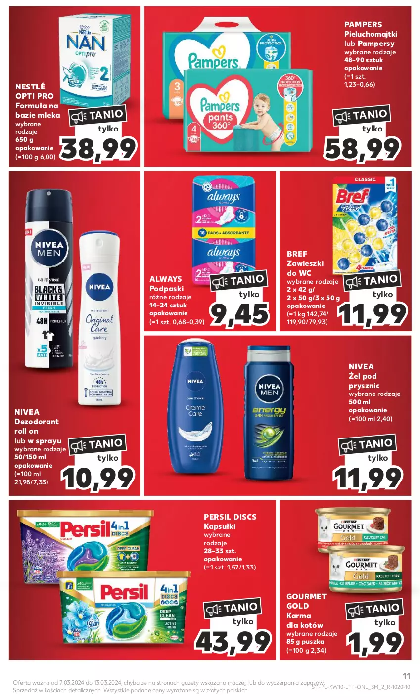 Gazetka promocyjna Kaufland - Gazetka tygodnia - ważna 07.03 do 13.03.2024 - strona 11 - produkty: Always, Bref, Dezodorant, Gourmet Gold, Majtki, Nestlé, Nivea, Pampers, Persil, Pieluchomajtki, Podpaski, Zawieszki