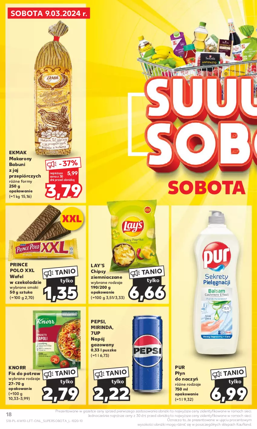 Gazetka promocyjna Kaufland - Gazetka tygodnia - ważna 07.03 do 13.03.2024 - strona 18 - produkty: 7up, Babuni, Chipsy, Knorr, Lay’s, Makaron, Mirinda, Napój, Napój gazowany, Pepsi, Prince Polo, Pur, Rama, Sok