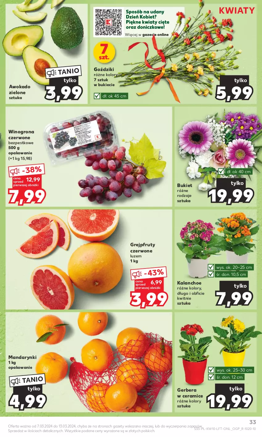 Gazetka promocyjna Kaufland - Gazetka tygodnia - ważna 07.03 do 13.03.2024 - strona 33 - produkty: Bukiet, Gerber, Grejpfrut, Kalanchoe, Kwiaty cięte, Mandarynki, Wino, Winogrona