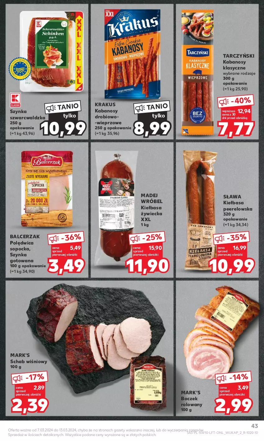 Gazetka promocyjna Kaufland - Gazetka tygodnia - ważna 07.03 do 13.03.2024 - strona 43 - produkty: Boczek, Kabanos, Kiełbasa, Krakus, Madej Wróbel, Polędwica, Szynka, Tarczyński