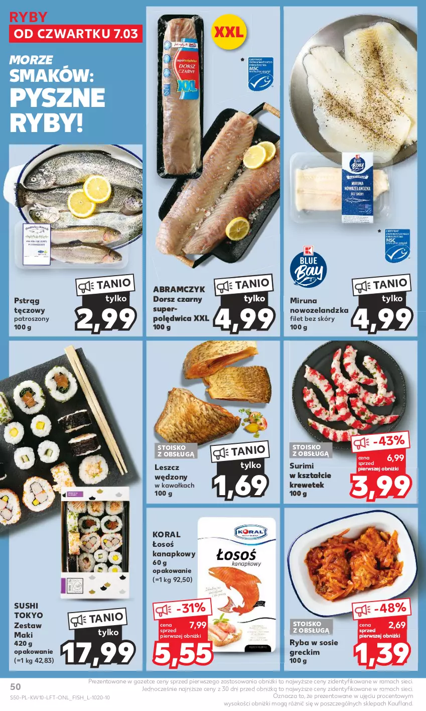 Gazetka promocyjna Kaufland - Gazetka tygodnia - ważna 07.03 do 13.03.2024 - strona 50 - produkty: Dorsz, Kawa, Miruna, Polędwica, Pstrąg, Pstrąg tęczowy, Rama, Ryba, Sok, Sos, Surimi, Sushi