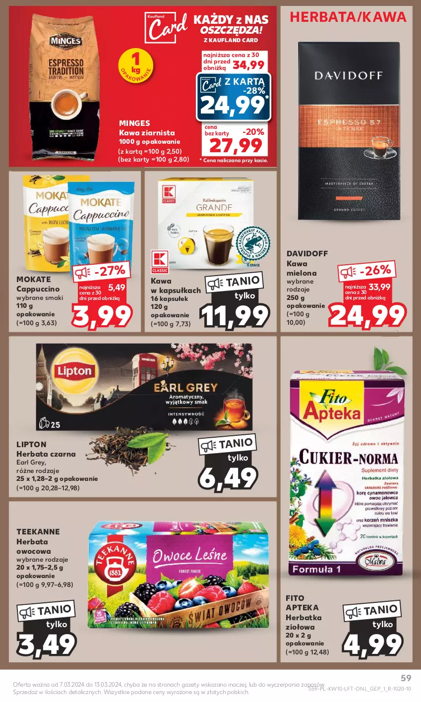 Gazetka promocyjna Kaufland - Gazetka tygodnia - ważna 07.03 do 13.03.2024 - strona 59 - produkty: Apteka, Cappuccino, Davidoff, Earl Grey, Herbata, Herbata czarna, Herbata owocowa, Kawa, Kawa mielona, Kawa ziarnista, Lipton, Teekanne