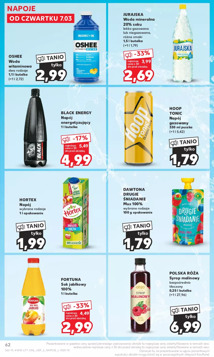 Gazetka promocyjna Kaufland - Gazetka tygodnia - ważna 07.03 do 13.03.2024 - strona 62 - produkty: Dawtona, Fortuna, Hoop, Hortex, Lack, Mus, Napój, Napój gazowany, Napoje, Oshee, Rama, Róża, Sok, Sok jabłkowy, Syrop, Woda, Woda mineralna