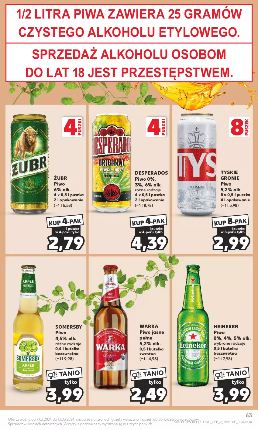 Gazetka promocyjna Kaufland - Gazetka tygodnia - ważna 07.03 do 13.03.2024 - strona 63 - produkty: Desperados, Gra, Heineken, Napoje, Piwa, Piwo, Piwo jasne, Somersby, Tyskie, Warka