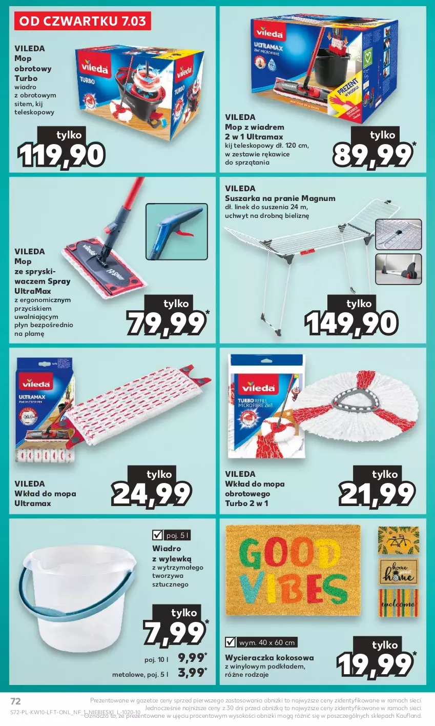 Gazetka promocyjna Kaufland - Gazetka tygodnia - ważna 07.03 do 13.03.2024 - strona 72 - produkty: Kokos, Mop, Podkład, Rama, Rękawice, Sok, Suszarka, Suszarka na pranie, Teleskop, Vileda, Wiadro, Wkład do mopa, Wycieraczka