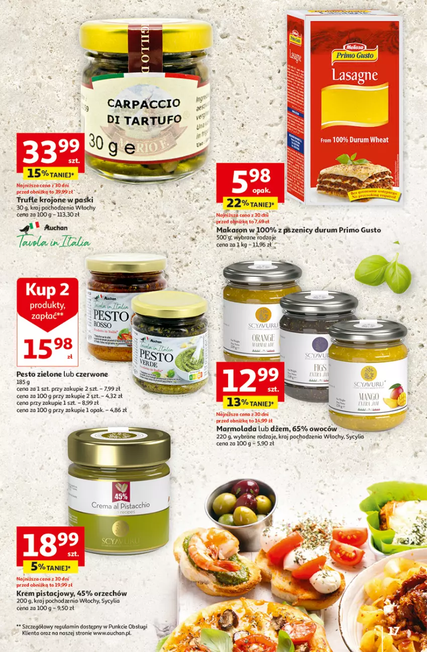 Gazetka promocyjna Auchan - Gazetka z MAŁĄ CENKĄ dźwigniesz więcej! Hipermarket Auchan - ważna 15.02 do 21.02.2024 - strona 17 - produkty: Carpaccio, Dżem, Krem pistacjowy, Makaron, Marmolada, Mola, Pesto, Rum