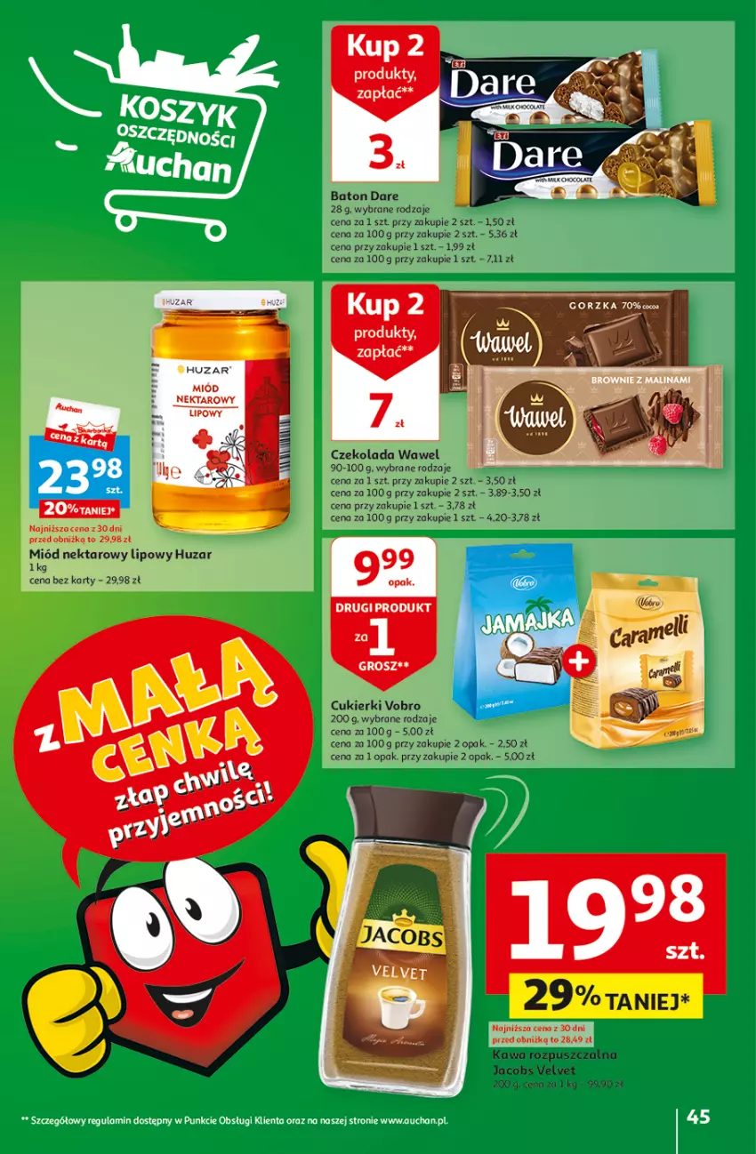 Gazetka promocyjna Auchan - Gazetka z MAŁĄ CENKĄ dźwigniesz więcej! Hipermarket Auchan - ważna 15.02 do 21.02.2024 - strona 45 - produkty: Baton, Cukier, Cukierki, Czekolada, Jacobs, Jacobs Velvet, Kawa, Kawa rozpuszczalna, Miód, Nektar, Velvet, Wawel