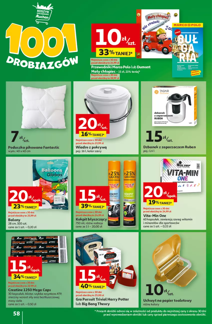 Gazetka promocyjna Auchan - Gazetka z MAŁĄ CENKĄ dźwigniesz więcej! Hipermarket Auchan - ważna 15.02 do 21.02.2024 - strona 58 - produkty: Balony, Dzbanek, Fa, Fanta, Gra, Harry Potter, Papier, Papier toaletowy, Poduszka, Por, Pur, Sport, Vita-Min, Wiadro, Zaparzacz