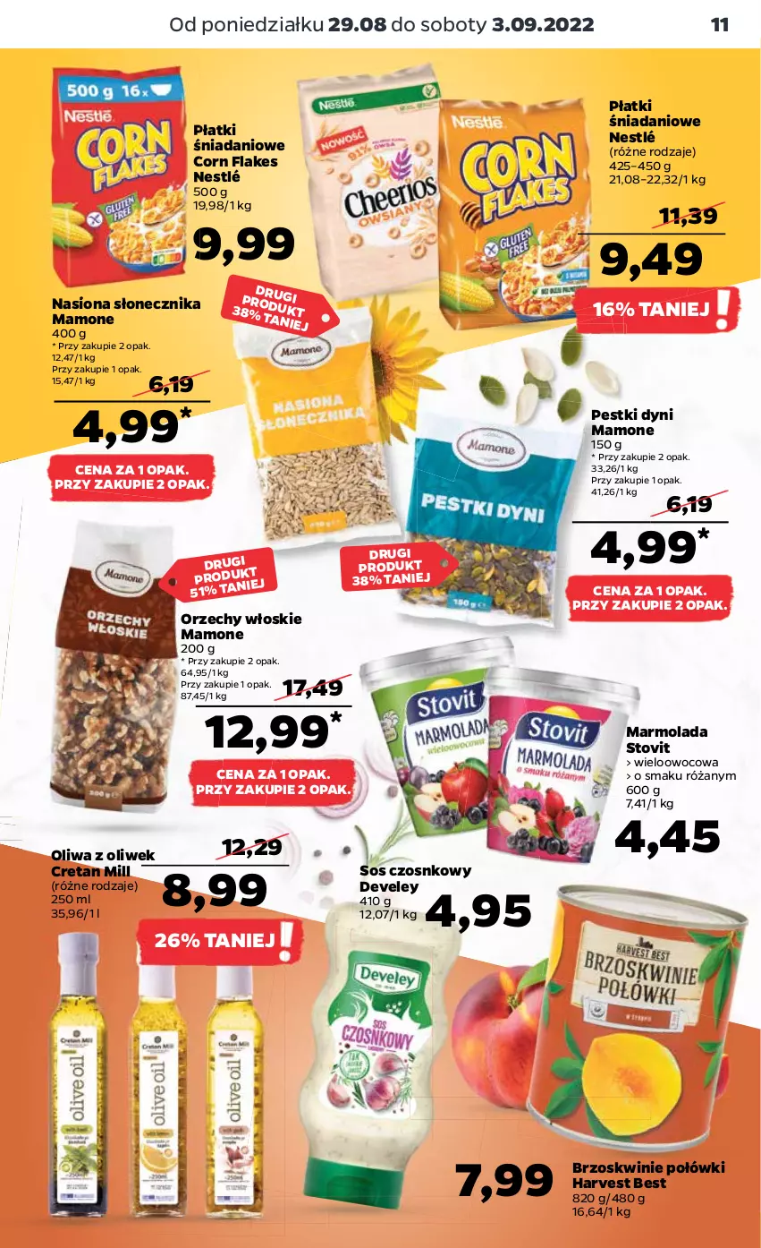 Gazetka promocyjna Netto - Artykuły spożywcze - ważna 29.08 do 03.09.2022 - strona 11 - produkty: Brzoskwinie, Corn flakes, Danio, Marmolada, Mola, Nestlé, Oliwa z oliwek, Orzechy włoskie, Pestki dyni, Róża, Sos, Sos czosnkowy