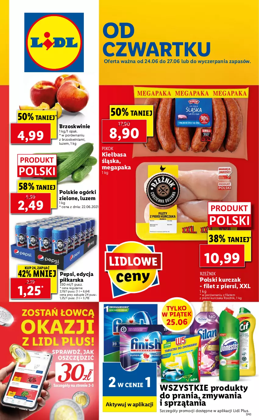 Gazetka promocyjna Lidl - GAZETKA - ważna 24.06 do 27.06.2021 - strona 1 - produkty: Brzoskwinie, Kiełbasa, Kiełbasa śląska, Kurczak, Pepsi, PIKOK, Por