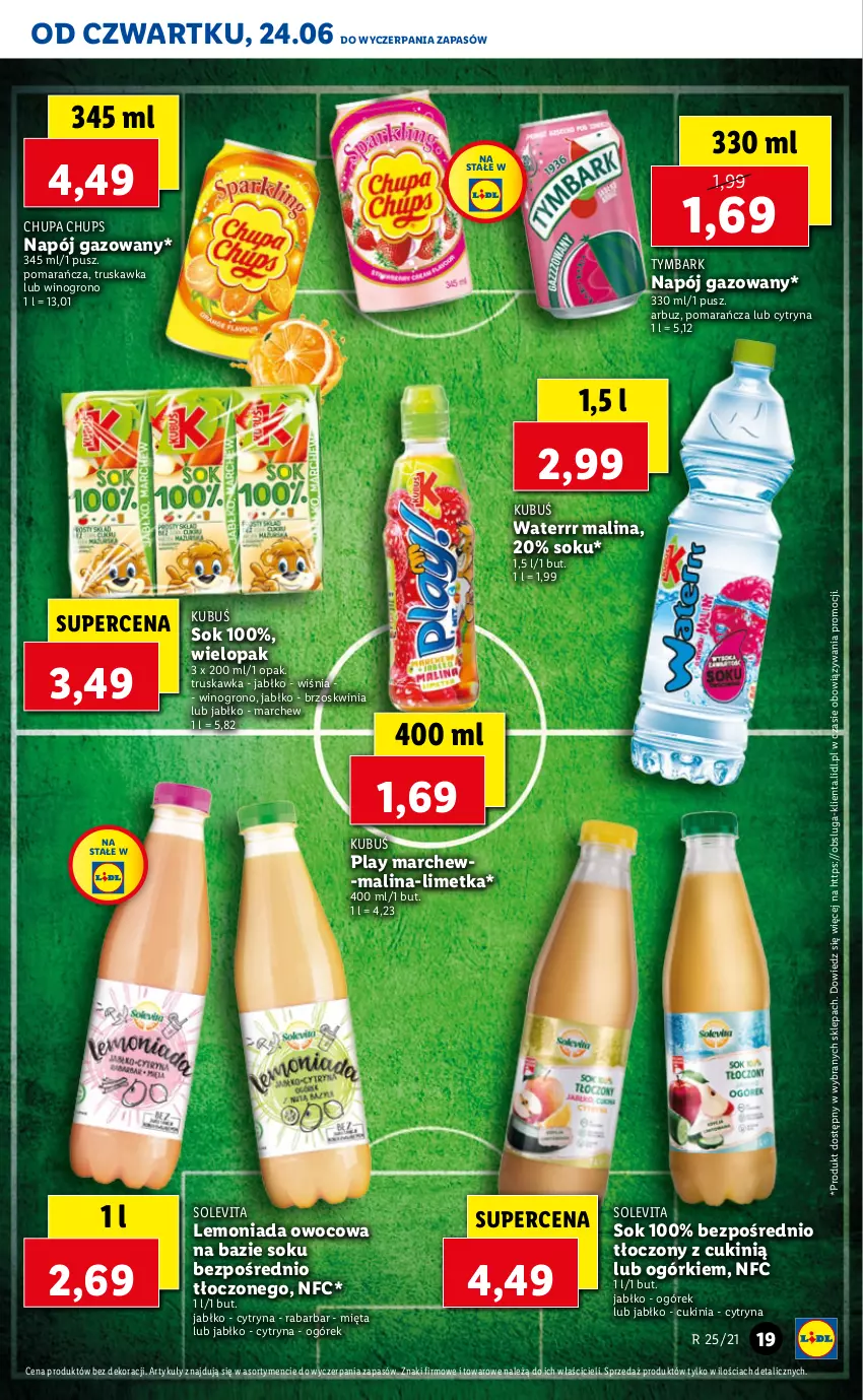 Gazetka promocyjna Lidl - GAZETKA - ważna 24.06 do 27.06.2021 - strona 19 - produkty: Arbuz, Chupa Chups, Kubuś, Kubuś Waterrr, Lemoniada, Mięta, Napój, Napój gazowany, Ogórek, Sok, Tymbark, Wino