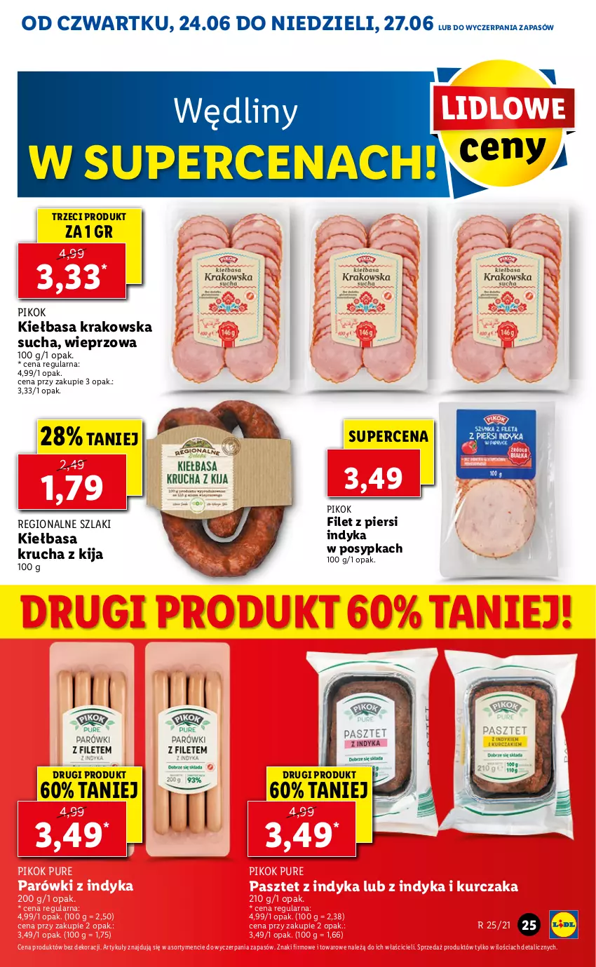 Gazetka promocyjna Lidl - GAZETKA - ważna 24.06 do 27.06.2021 - strona 25 - produkty: Filet z piersi indyka, Kiełbasa, Kiełbasa krakowska, Kiełbasa krucha, Kurczak, Parówki, Parówki z indyka, Pasztet, Pasztet z indyka, PIKOK, Pur