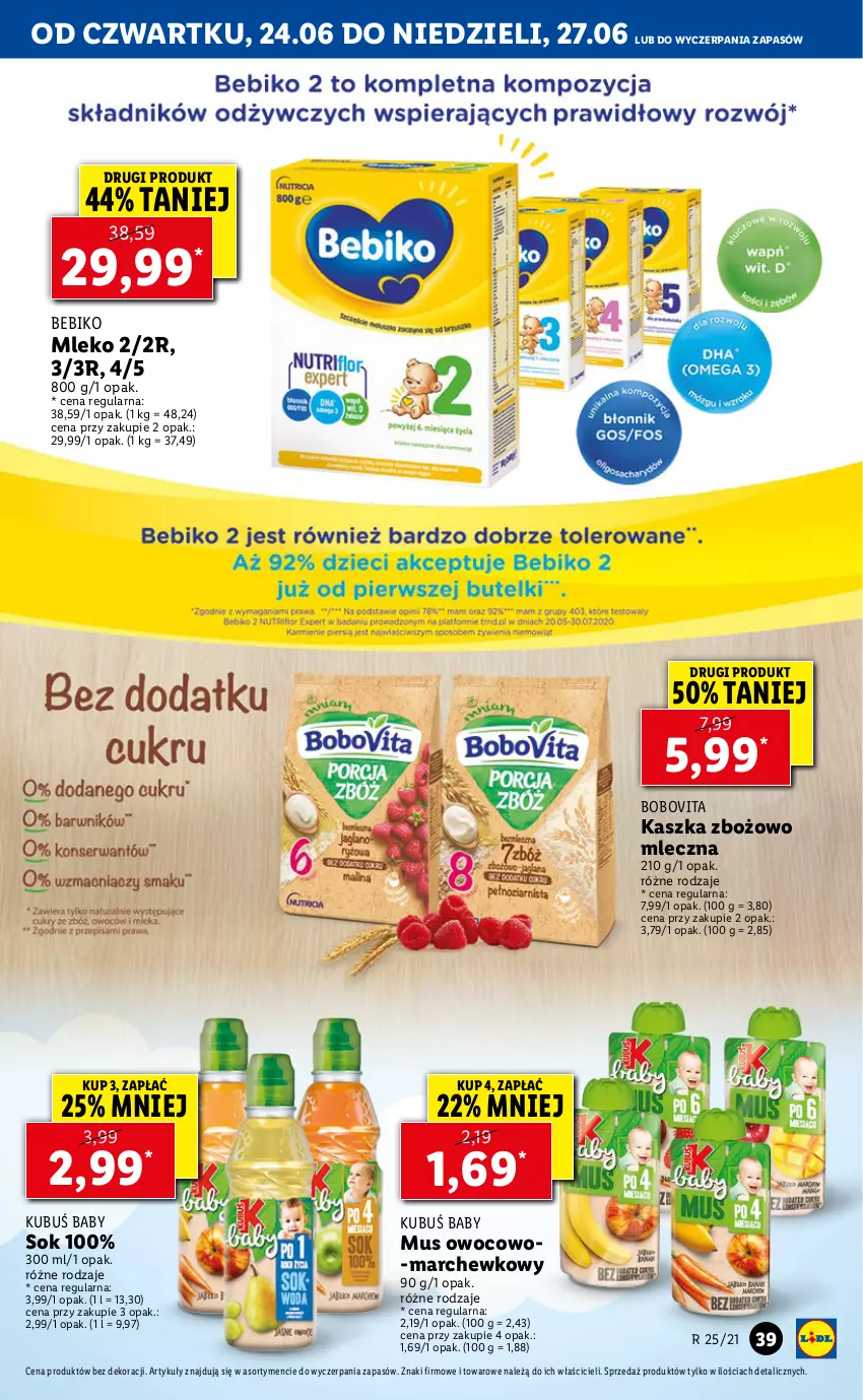 Gazetka promocyjna Lidl - GAZETKA - ważna 24.06 do 27.06.2021 - strona 39 - produkty: Bebiko, BoboVita, Kubuś, Mleko, Mus, Sok