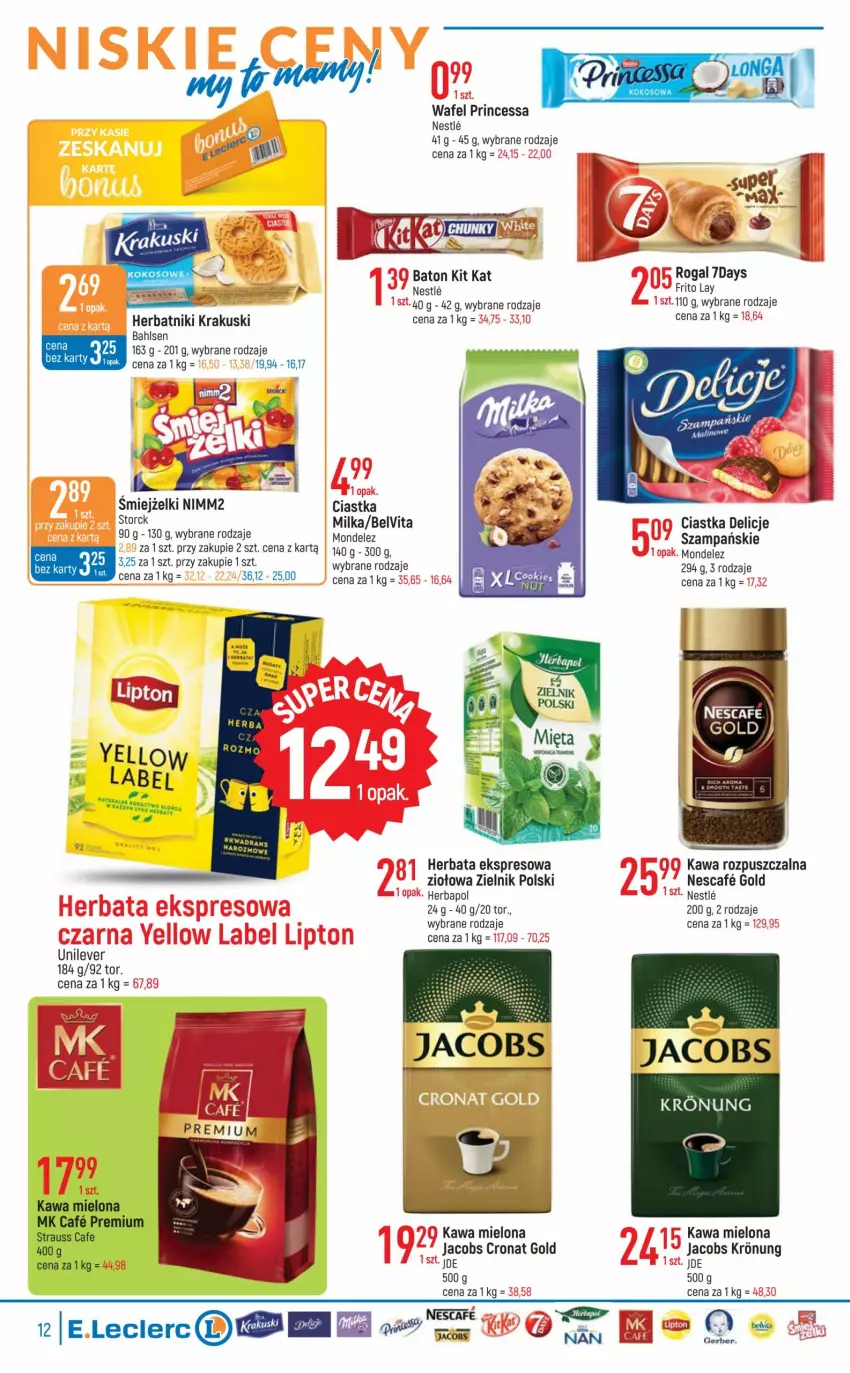 Gazetka promocyjna E Leclerc - ważna 26.07 do 06.08.2022 - strona 12 - produkty: Baton, BelVita, Ciastka, Delicje, Gerber, Herbapol, Herbata, Herbatniki, Jacobs, Kawa, Kawa mielona, Kawa rozpuszczalna, Kit Kat, Krakus, Krakuski, LG, Lipton, Milka, Nimm2, Princessa, Rogal