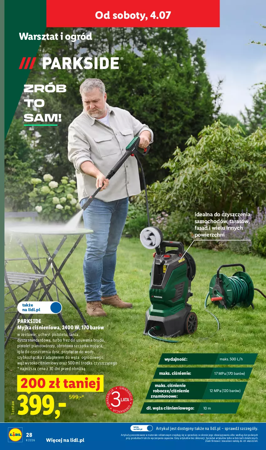 Gazetka promocyjna Lidl - Katalog ważny od 29.06 - ważna 29.06 do 04.07.2026 - strona 38 - produkty: Fa, Koc, Myjka ciśnieniowa, Ogród, Parkside, Pistolet, Sok, Szczotka