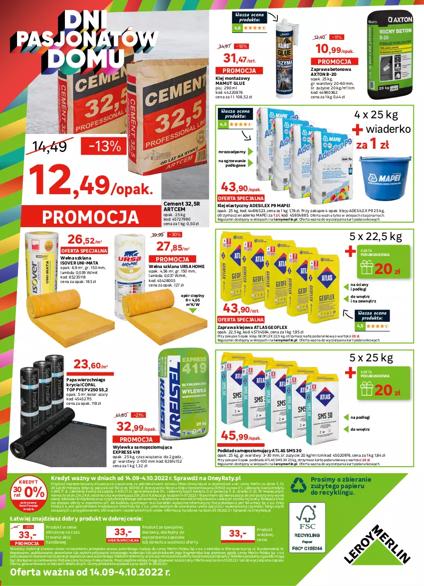 Gazetka promocyjna Leroy Merlin - Gazetka Leroy Merlin - ważna 14.09 do 04.10.2022 - strona 12 - produkty: Cement, Fa, Geoflex, Klej, Klej elastyczny, Kosz, LANA, Mop, Ogrzewanie, Papier, Podkład, Pokrywa, Por, Ser, Sprzedawcy, Top, Wełna, Wełna szklana, Wylewka samopoziomująca, Zaprawa klejowa