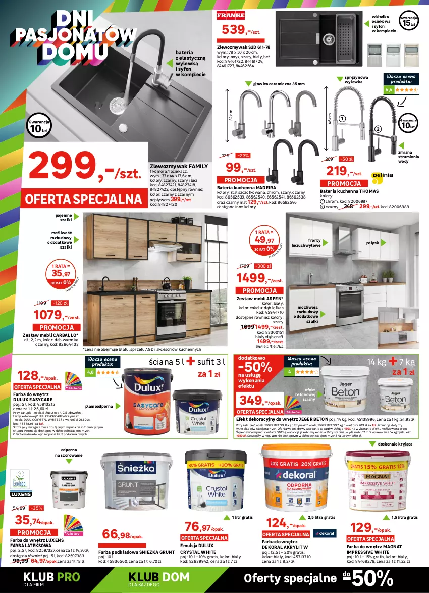 Gazetka promocyjna Leroy Merlin - Gazetka Leroy Merlin - ważna 14.09 do 04.10.2022 - strona 4 - produkty: Bateria, Bateria kuchenna, Dekoral, Dulux, Emulsja, Fa, Farba do wnętrz, Farba lateksowa, Glazura, Gra, Gres, Gres szkliwiony, Grunt, Lazur, Luxens, Metro, Mus, Ociekacz, Płytka, Podkład, Por, Rum, Sport, Syfon, Top, Tran, Zlew, Zlewozmywak