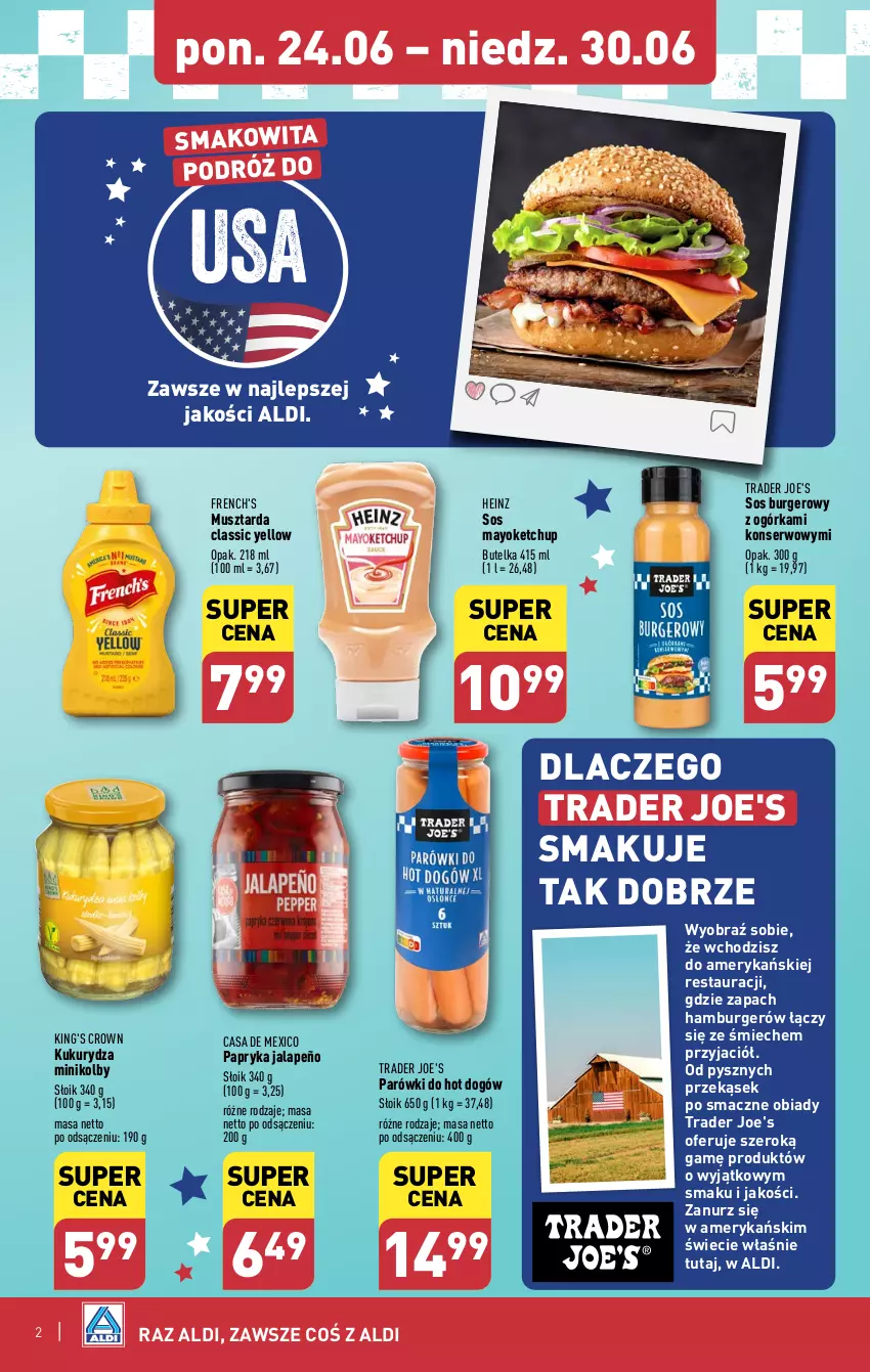 Gazetka promocyjna Aldi - Smakowita podróż do USA - ważna 24.06 do 30.06.2024 - strona 2 - produkty: Burger, Hamburger, Heinz, Hot dog, Ketchup, Kukurydza, Mus, Musztarda, Papryka, Papryka jalapeño, Parówki, Ser, Smakowita, Sos