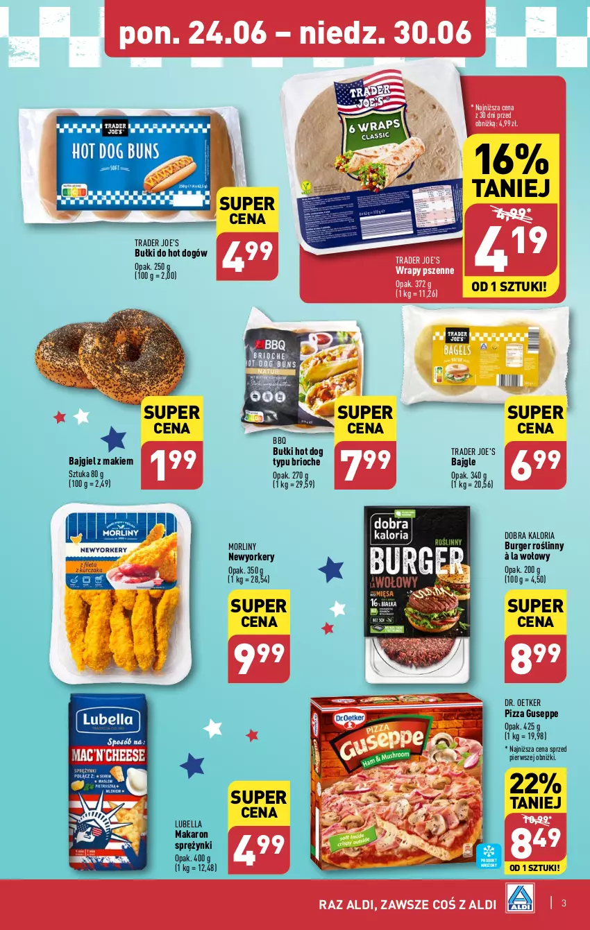 Gazetka promocyjna Aldi - Smakowita podróż do USA - ważna 24.06 do 30.06.2024 - strona 3 - produkty: Bajgle, Bell, Bella, Bułki do hot dogów, Burger, Dr. Oetker, Hot dog, Lubella, Makaron, Morliny, Pizza